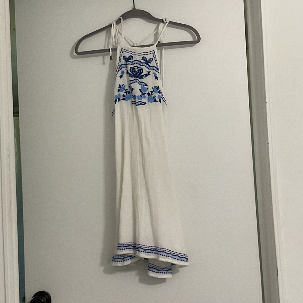 Lovers + Friends White and Blue Embroidered Mini Dress